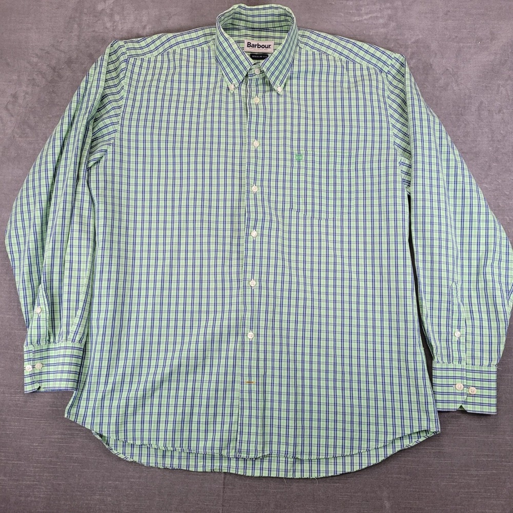 Barbour Regular Fit Button Down Shirt Mens XL Green Blue Plaid Check Long Sleeve